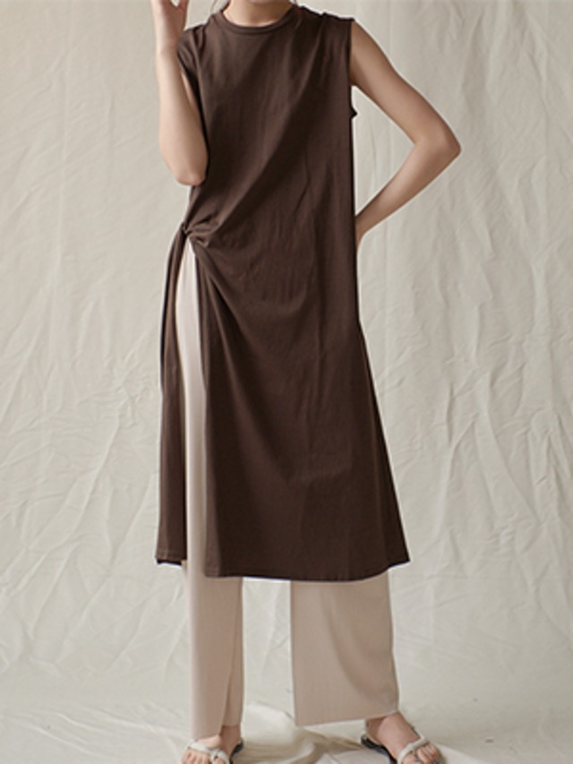 ノースリーブ ロング丈 Tシャツ スリット シンプル★２色