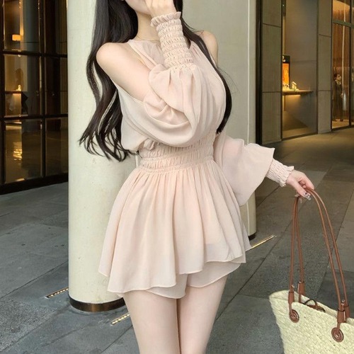 【2点セット】シャーリングフレアシフォントップス+ショートパンツ ・78503