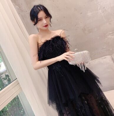 美品！ パーティードレス 黒 ベアトップ ロング セクシー 細見え  