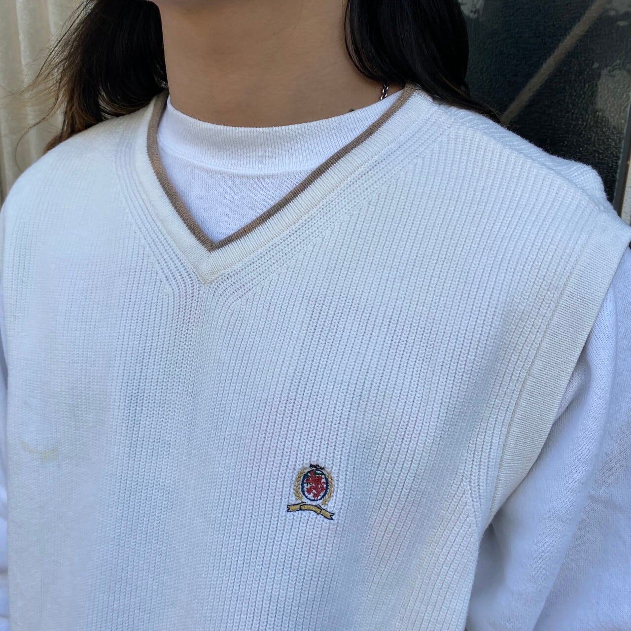 トミーヒルフィガー コットンニットベスト メンズL 古着 TOMMY