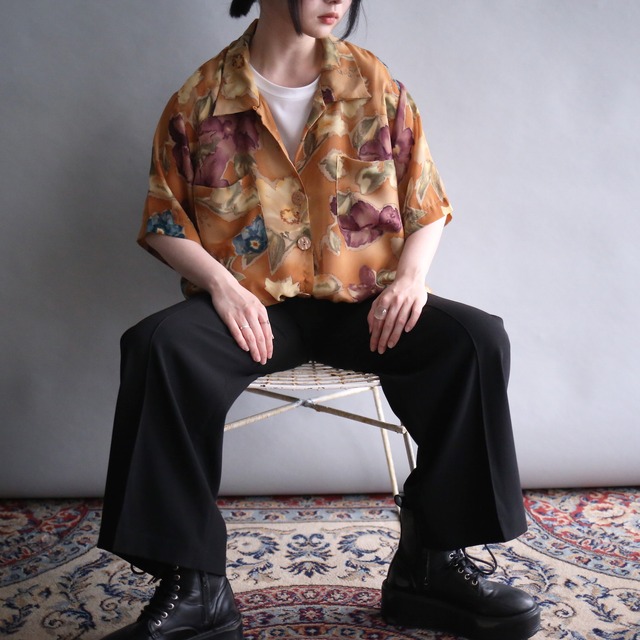 "水彩" flower art pattern h/s see-through shirt