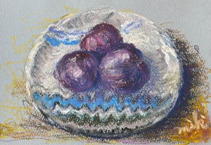 西美紀 ｜【作った器とイチジク】パステル画•額あり　Bowl and Figs・Oil pastel drawing