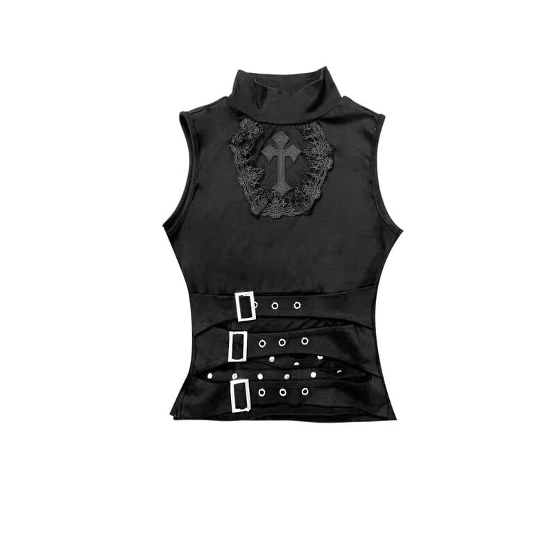 Gothic high-neck sleeveless tops r0077