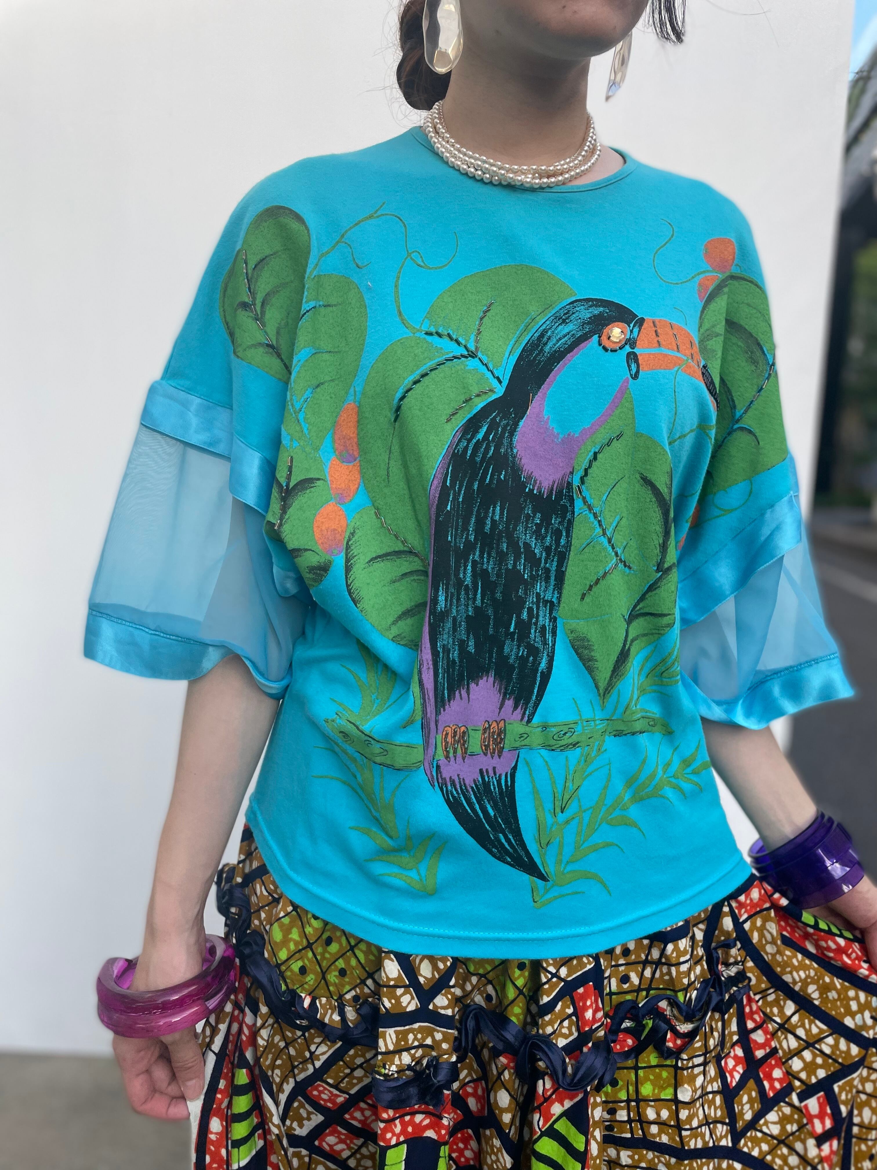 Vintage Italy turquoise ×  bird T-shirt ( ヴィンテージ イタリア ターコイズ × 鳥柄 ティーシャツ