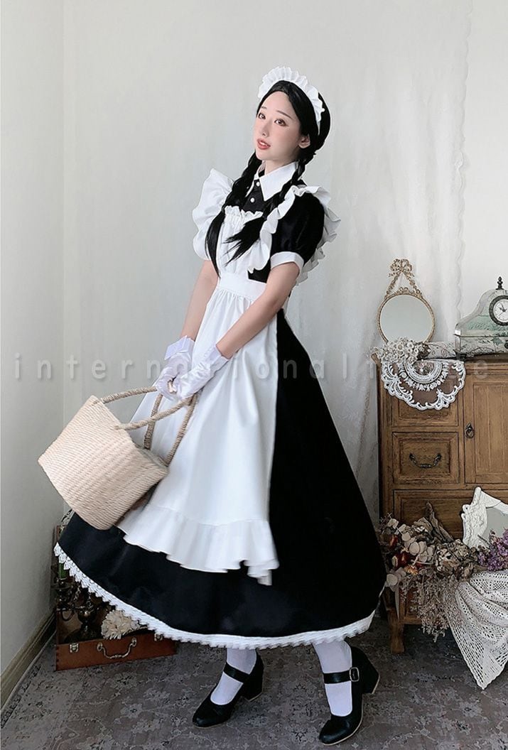 予約 コスプレ服 ロングメイド服 衣装 コスチューム 英国風 ロング丈 ロングワンピース 大きいサイズ 長袖 クラシカル クラシック レトロ 給仕 エプロン 長袖 半袖 かわいい コスプレ衣装 レディース 学園祭 文化祭 イベント パーティー 余興 お祭り S M L Xl 2xl 3xl