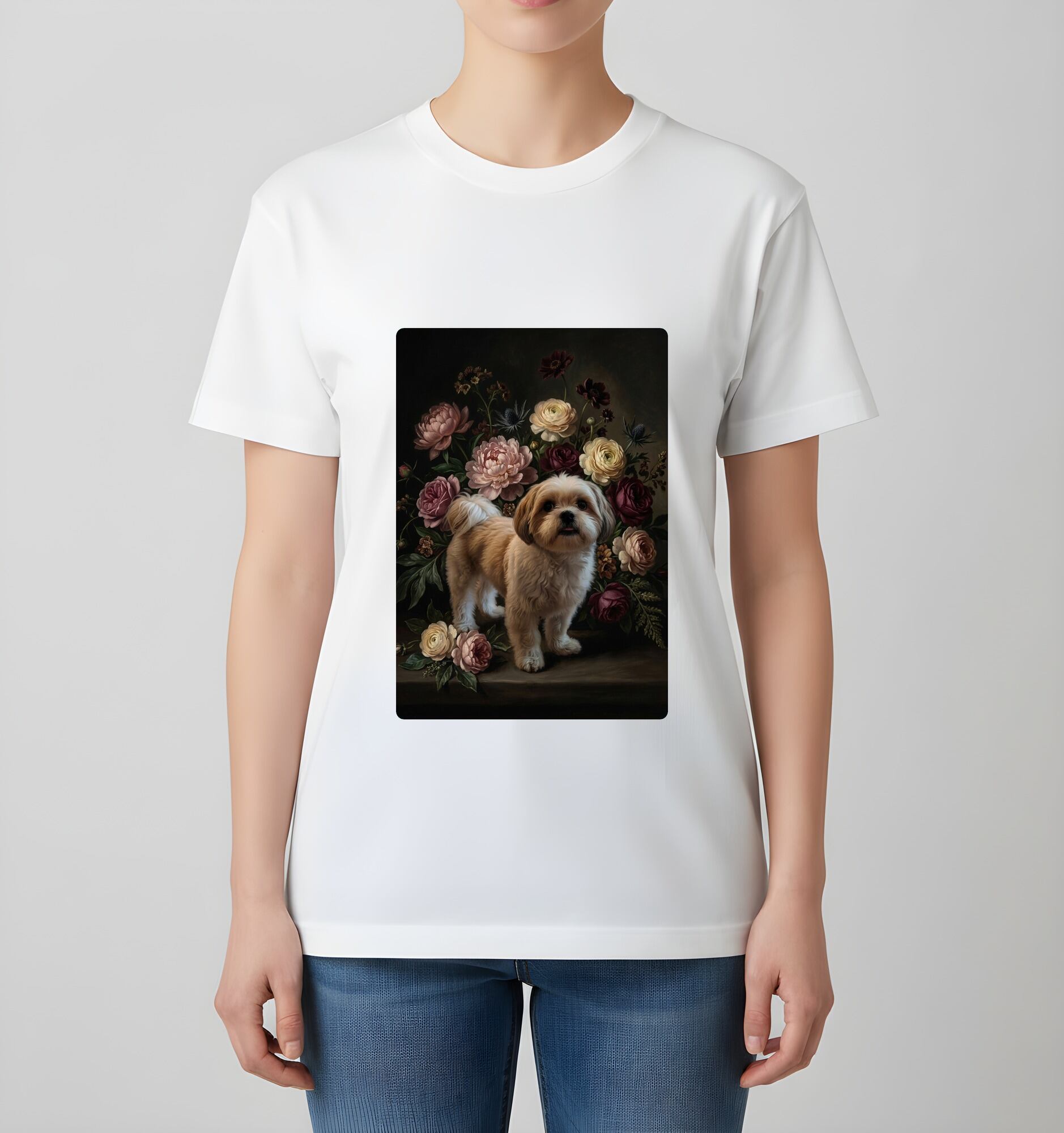 犬（シーズー）半袖Tシャツ 花の油絵風アート ホワイト 男女兼用