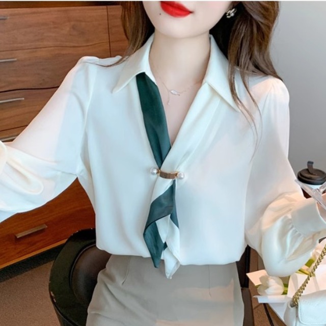 スカーフ風 長袖 シャツ ブラウス　 3col 　00001