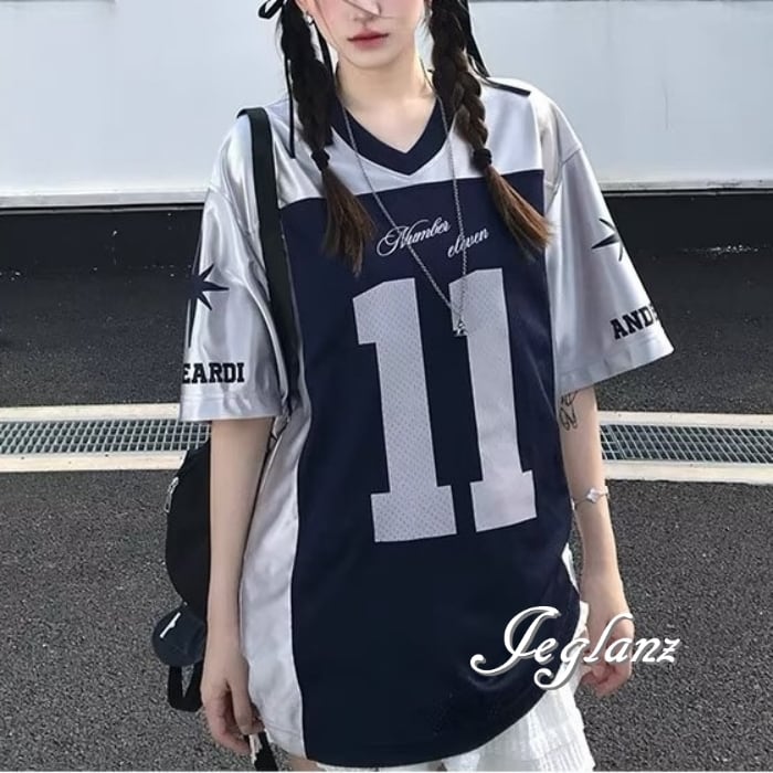 2色 ナンバー ロゴ メッシュ Tシャツ Vネック ユニセックス(MC828)β