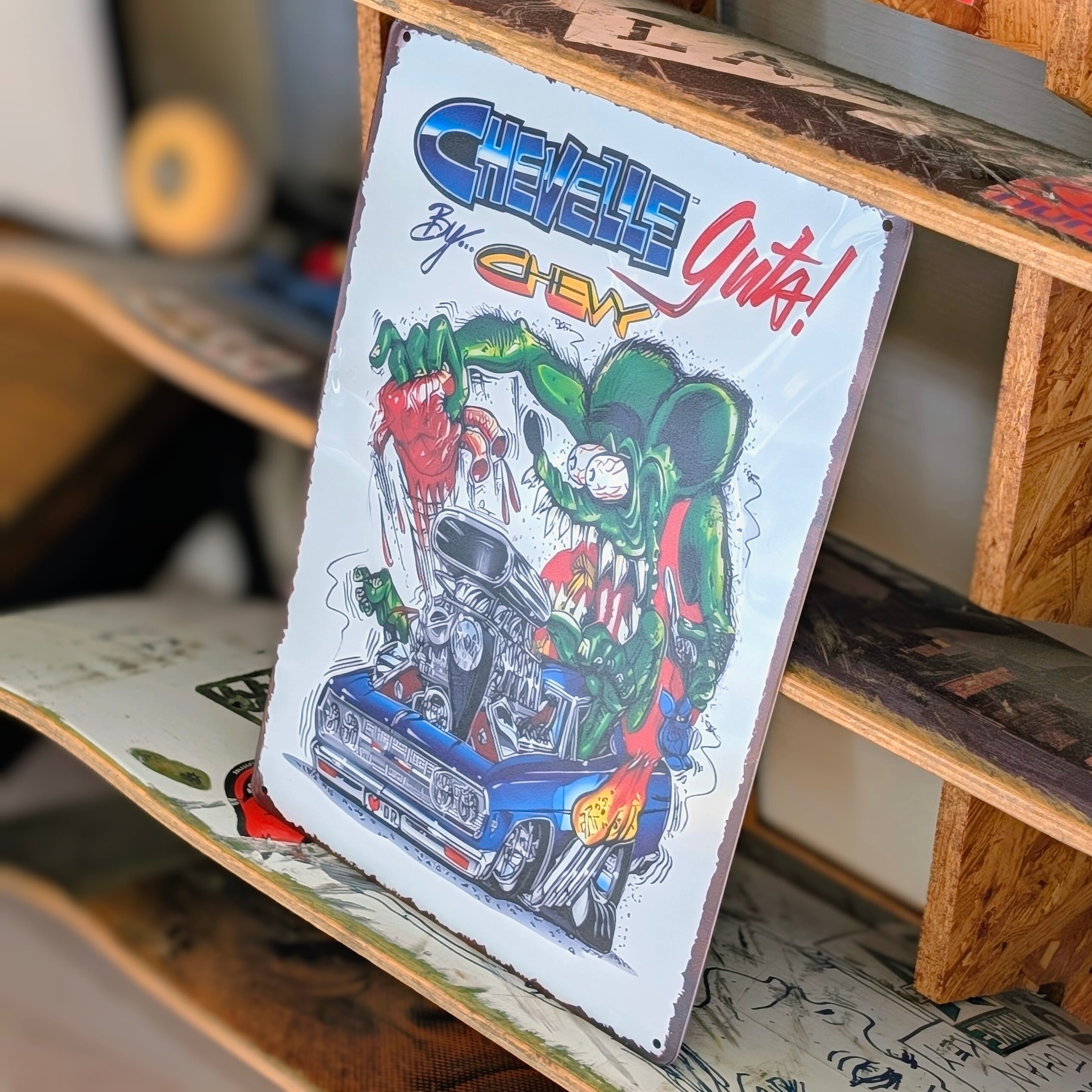 送料無料!ちょうどいいブリキ看板 【 RAT FINK ( ラットフィンク ) 】 『 CHEVELLE Guts! By... CHEVY 』METAL SIGN / メタルサイン / ブリキ看板 / サインボード / ビンテージ加工〚アメリカン雑貨 アメトイ〛
