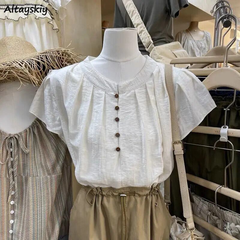 【新作】【送料無料】 シャツ女性固体ボタンオフィス夏薄型半袖トップスカジュアル O ネック韓国スタイルルーズオールマッチエレガントな女性クレープ 0355442403824