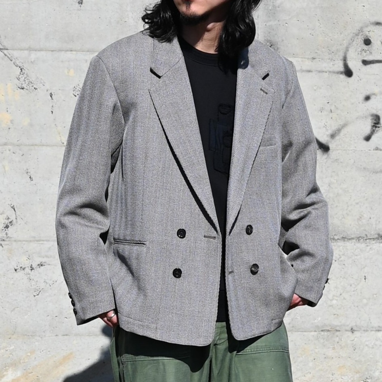 INTERIM / STRUCTURED DIAGONAL MELANGE WOOL DEADSTOCK PIPING DOUBLE JACKET