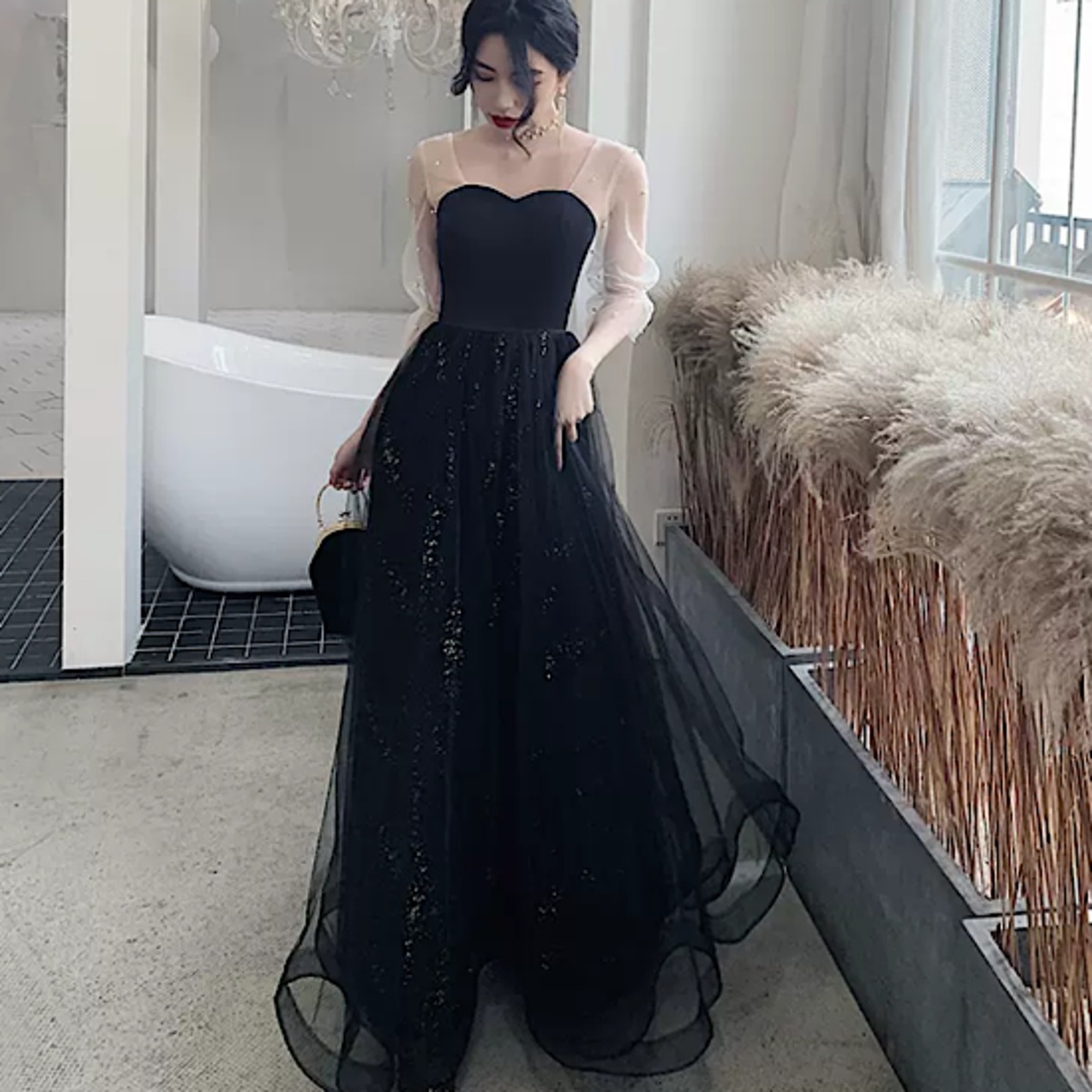 結婚式ドレス レース ハートカット シースルー ハイウエスト マキシ丈