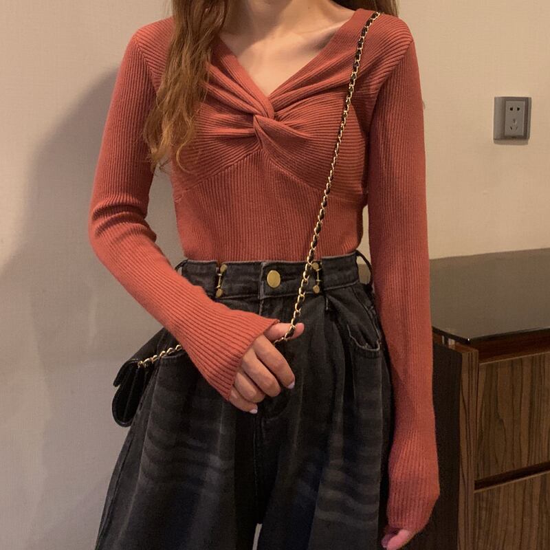 ブラウス スリムVネックセーター シャツ スプリング ロング 春物 試着室59587017219