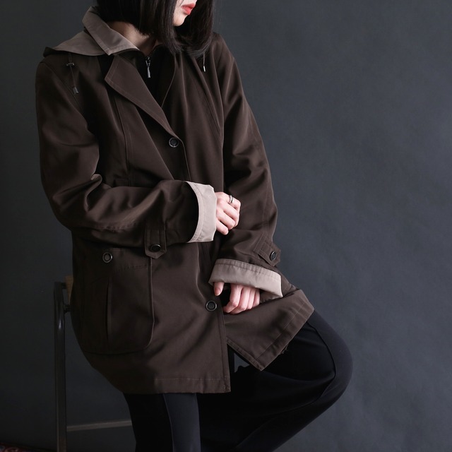 bi-color switching zip-up and button high-neck jacket coat with liner and hooded