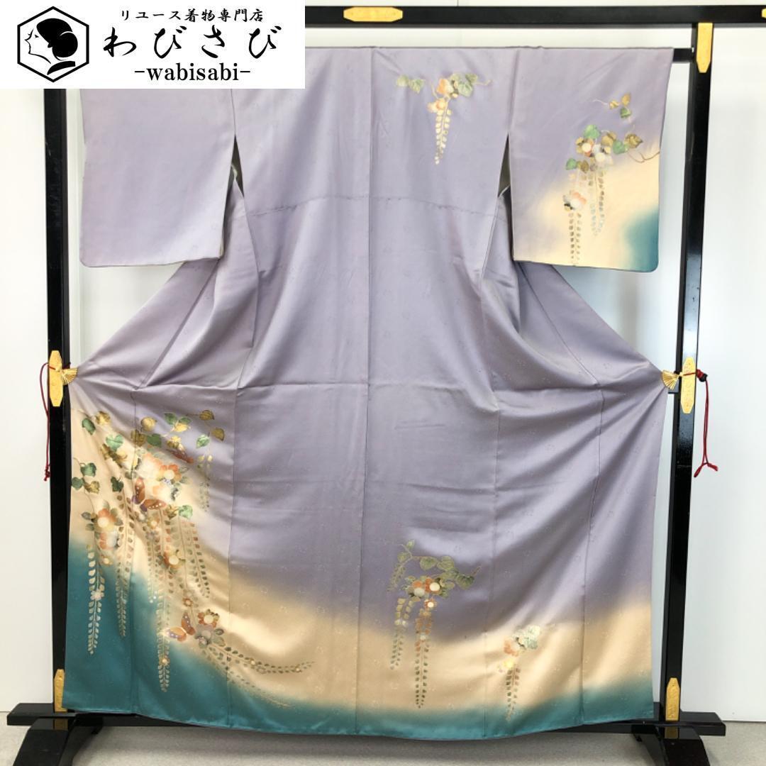 ☆ 訪問着 作家物 古代型七十七選 道長取り 薄藍鼠色 縮緬 K-4607 訪問着 作家物 古代型七十七選 道長取り 薄藍鼠色 縮緬 K-4607