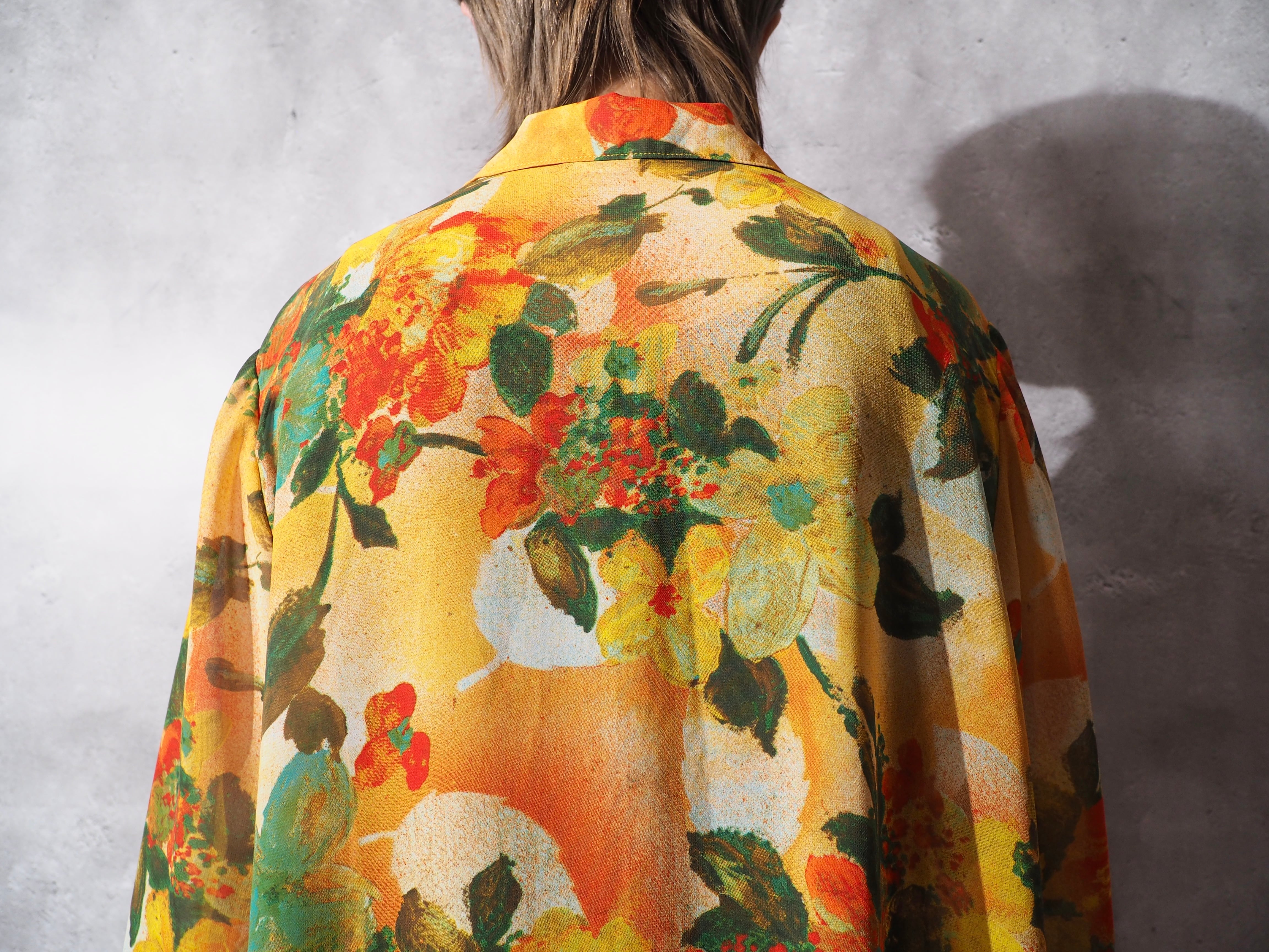 1990s Botanical Flower painted translucent open callar shirt