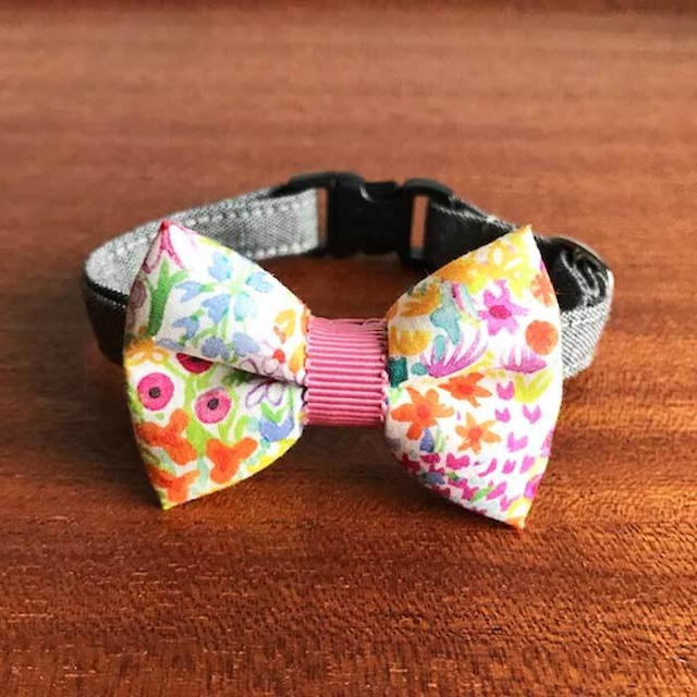 Cat ribbon collar 猫の首輪 リボン首輪 北欧カラフルフラワー  ホワイトリボン＆グレーベルト 【送料無料】