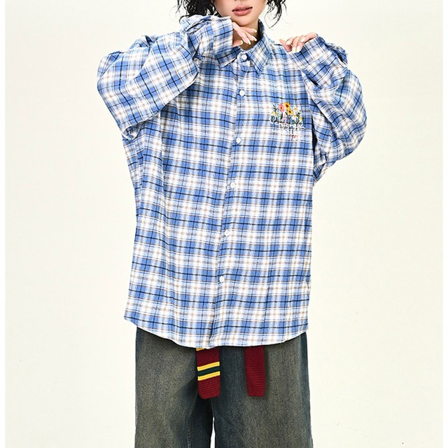 ボタニカルモチーフデザインチェックシャツ 2col   R01081