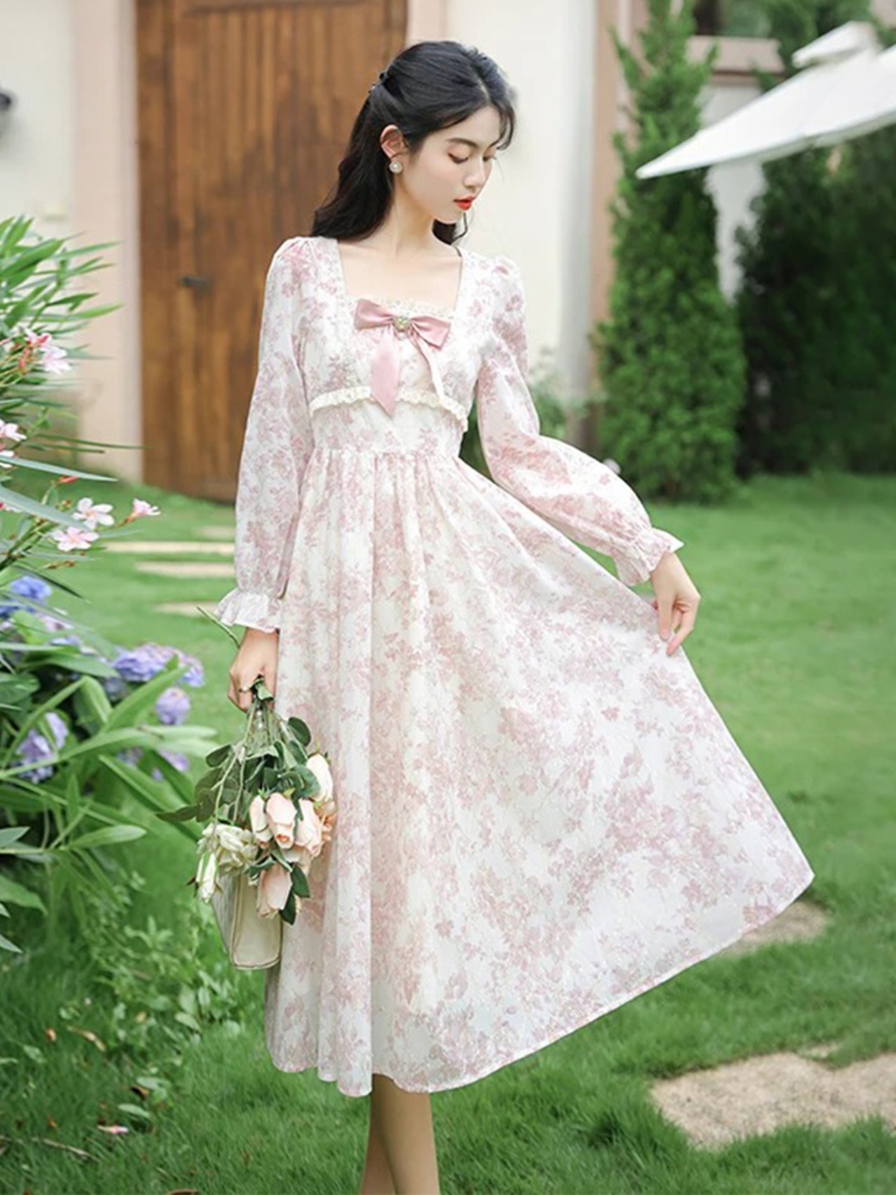 【0264】Pink Flower Ribbon Long Sleeve Dress
