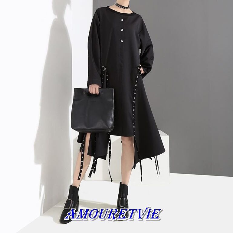 ワンピース スタイリッシュ ロング ロックスタイル モダン シック 黒 ブラック 個性 モード系 モード ヴィジュアル系 242 Amouretvie 韓国系 モード系 個性的ファッションの通販サイト