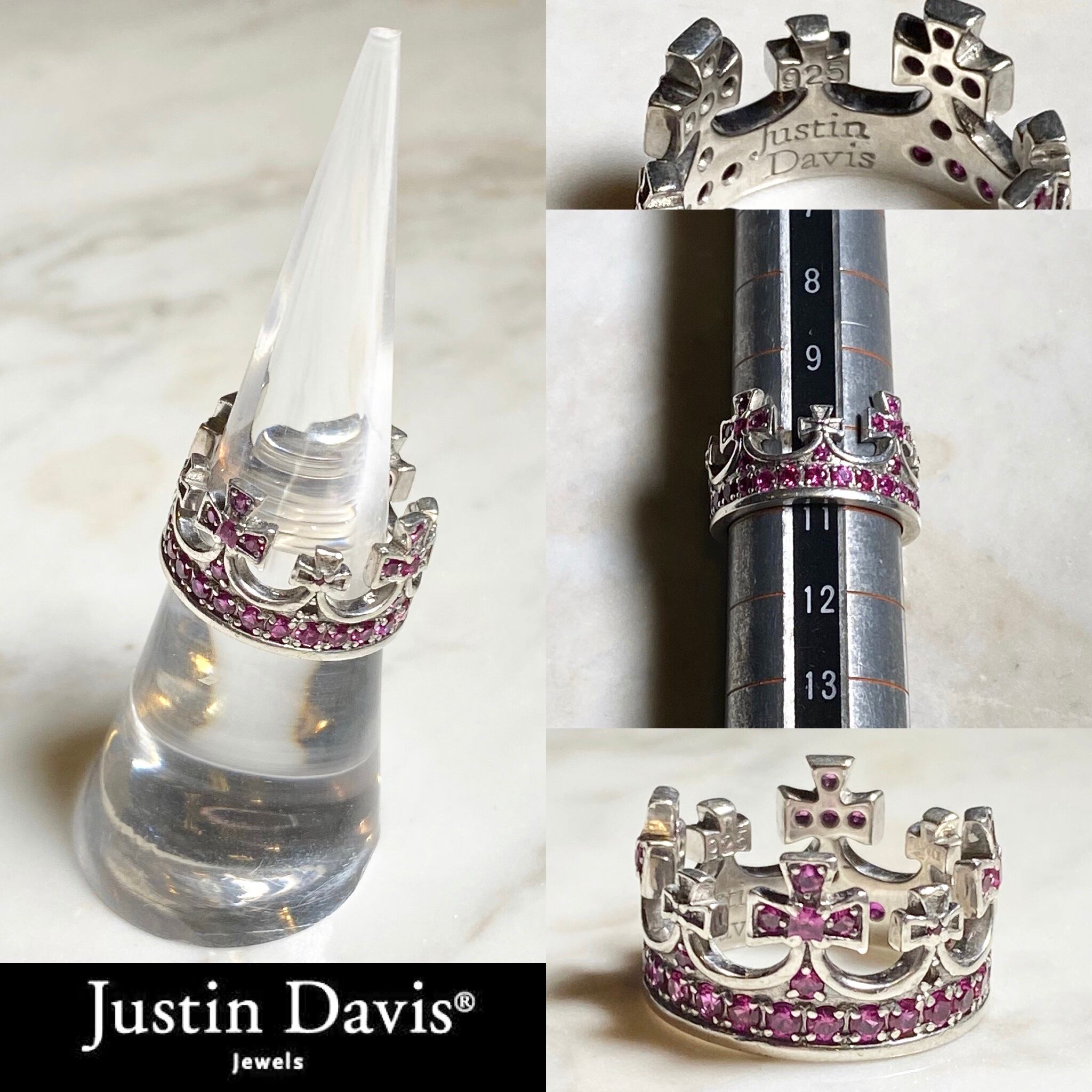 JUSTIN DAVIS silver crown ring with pink color stone | NOIR ONLINE