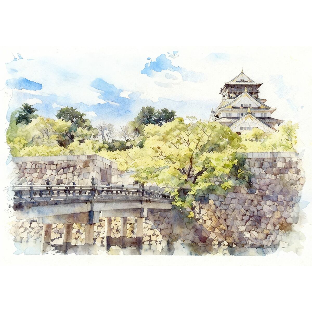 絵画 日本 大阪府 大阪城 風景画 インテリアアート額付き 水彩画・油絵風 WAT0129