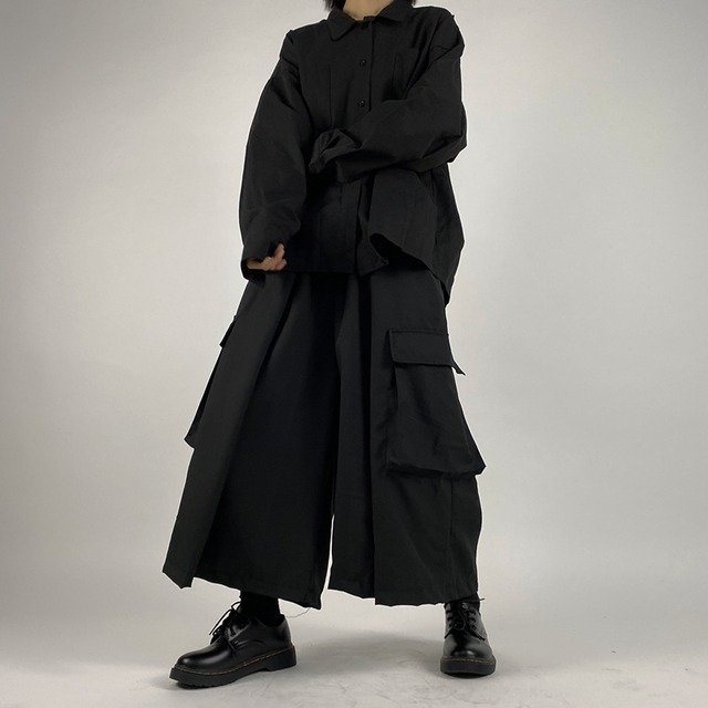 天使と悪魔 ワイドパンツ 袴パンツ キュロットスカート サイドポケット 黒コーデ ゴシック 病み可愛い ストリート系 ユニセックス 10代 代 天使と悪魔 サブカル系ファッション Seasonz