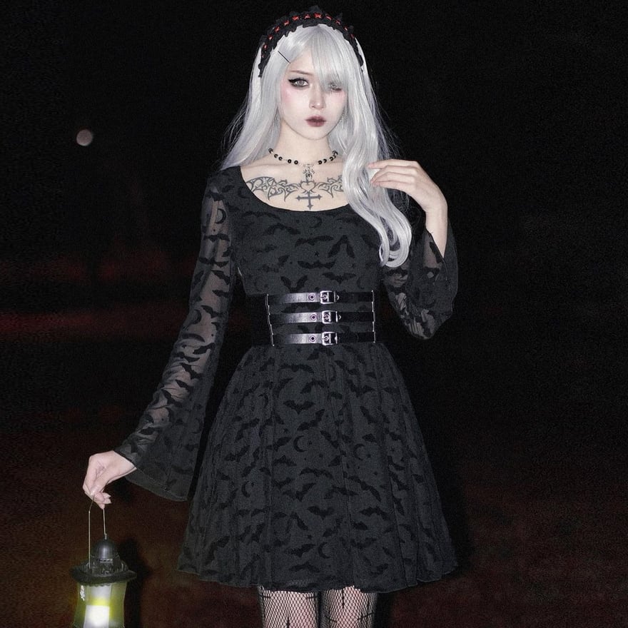 サブカル 服 地雷系 通販 ワンピース シアー 透け感 コウモリ柄 ウエストベルト フレア ミニ丈 闇かわいい 系