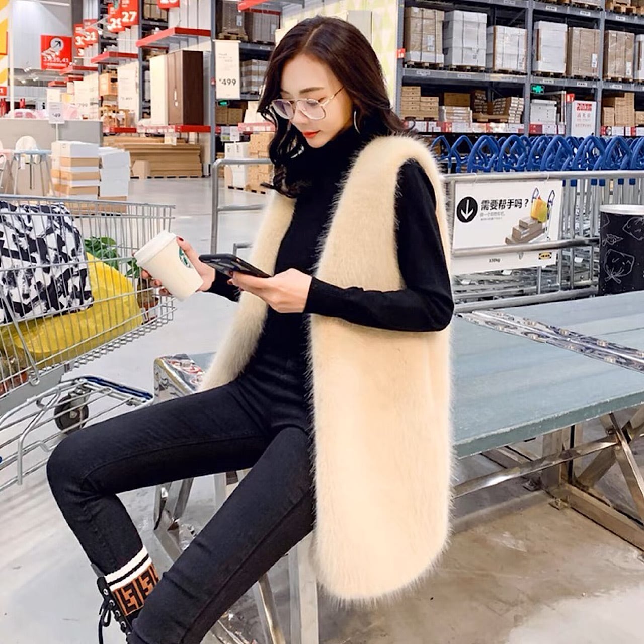 レディース ベスト フェイクファー ロング 韓国服 冬服 おしゃれ コートベストファーベスト エコファーベスト レディース ロング