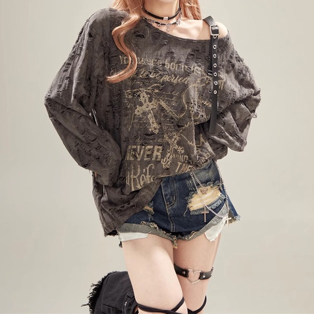 ロンT tシャツ 肩ベルト オフショルダー グレー グラフィックプリント 