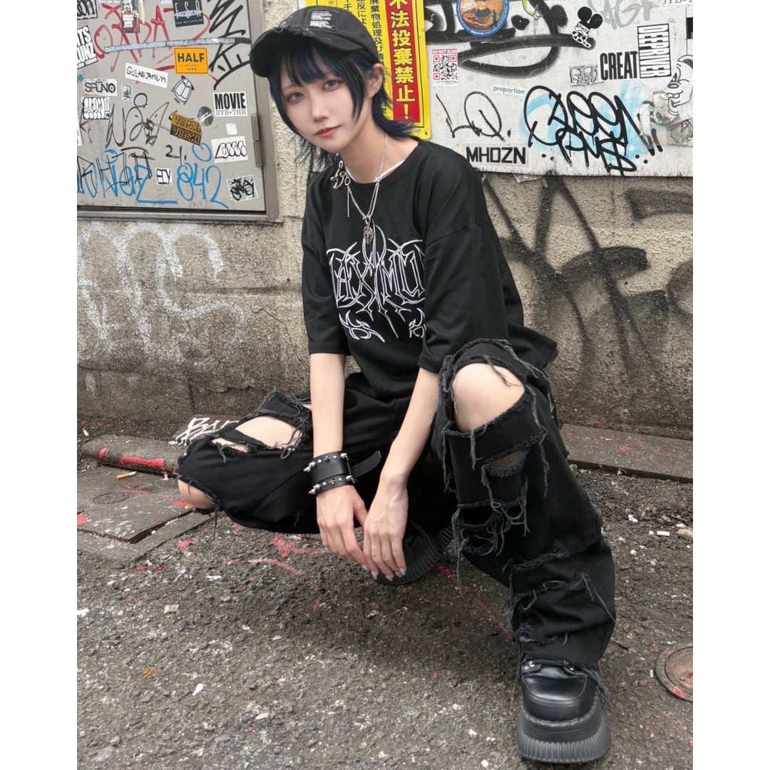 1/5 完売→再入荷！】ブラックデストロイワイドパンツ | VOLCAN&APHRODITE