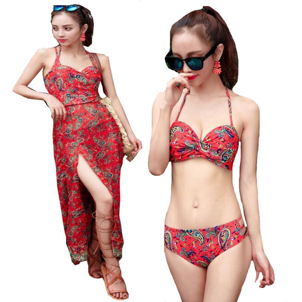 予約 水着 レディース レディース水着 3点セット エスニック エスニック柄 ペイズリー ビキニ ワンピース スリット かっこいい 体型カバー ボタニカル M L Xl 7号 9号 11号 ロングワンピース サイドスリット セクシー プール ビーチ リゾート 大人 代 30代 40代 W1014