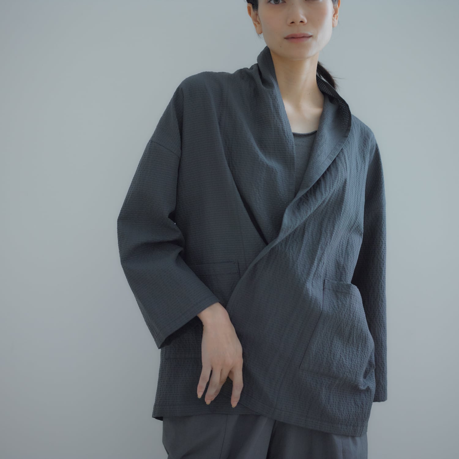evam eva エヴァムエヴァ pin check short robe ピンチェックショートローブ・インクブルー【送料無料】