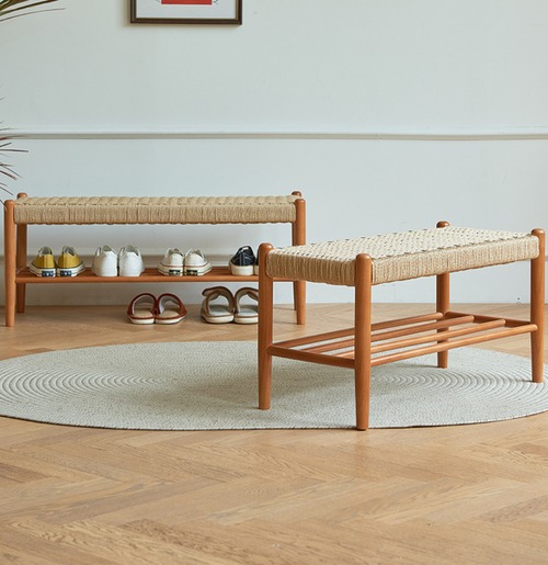 ペーパーコード編みベンチ 天然木 シューズラック 玄関ベンチ 収納付き 北欧風 ナチュラル