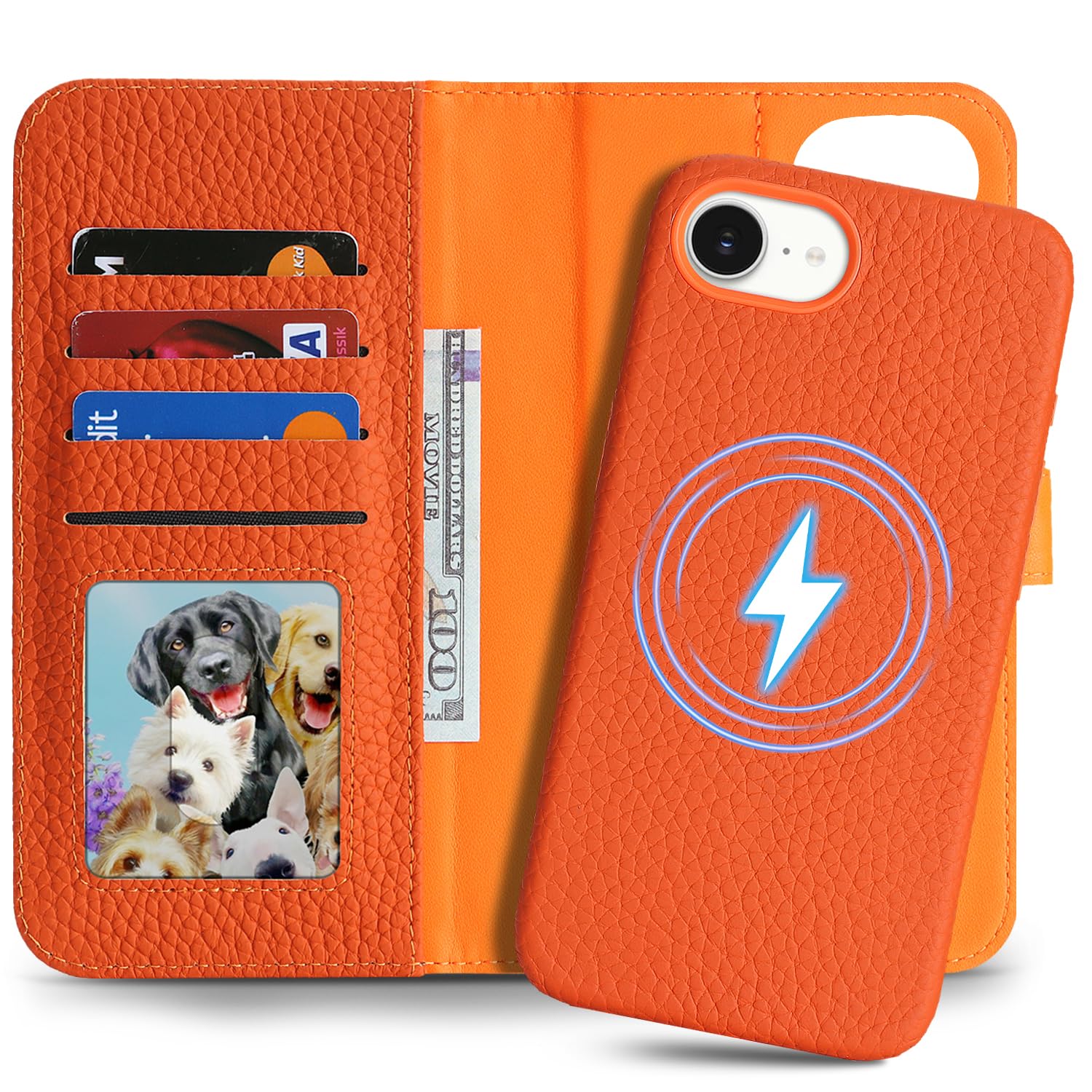 East Clear 分離式 本革ケース for iPhone 17e/16e 手帳型ケース for iPhone 17e 携帯カバー レザー MagSafe対応 2in1 取り外し自由 両用2way 小銭入れ札入れ カード収納 耐衝撃 耐摩擦 全面保護 マグネット式 スタンド機能 for アイフォン17e/16e -オレンジ
