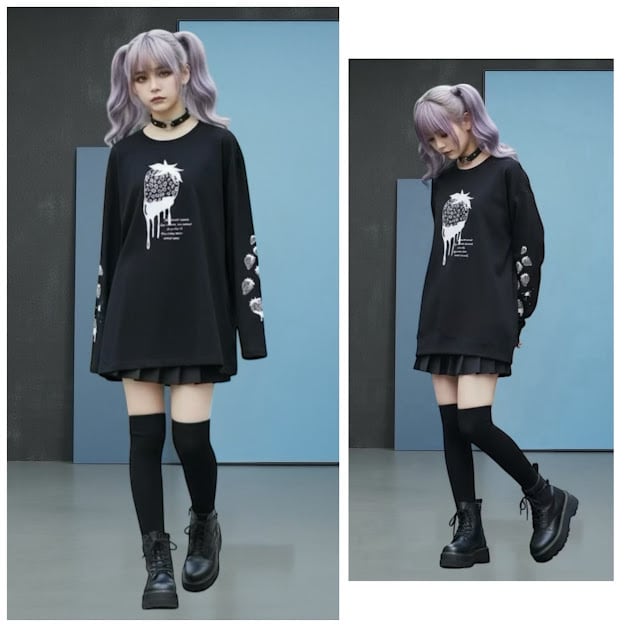 ロングTシャツ サブカル 黒 苺 いちご 病みかわいい 地雷 サブカル地雷