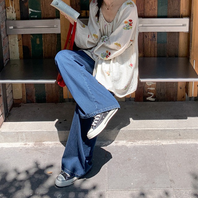 high waist straight denim pants J00114