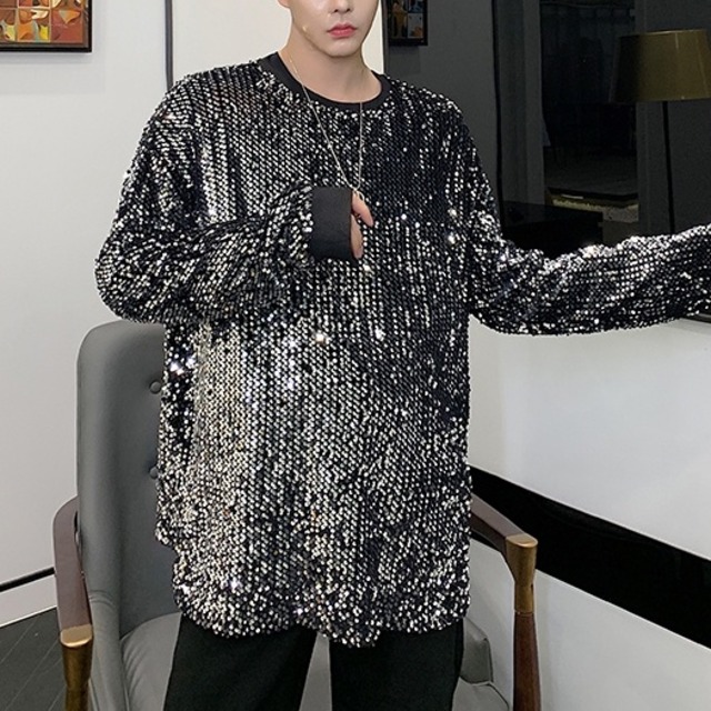 【Men】BLACK SEQUIN ROUND NECK LONG SLEEVES TOP 1color Z-197