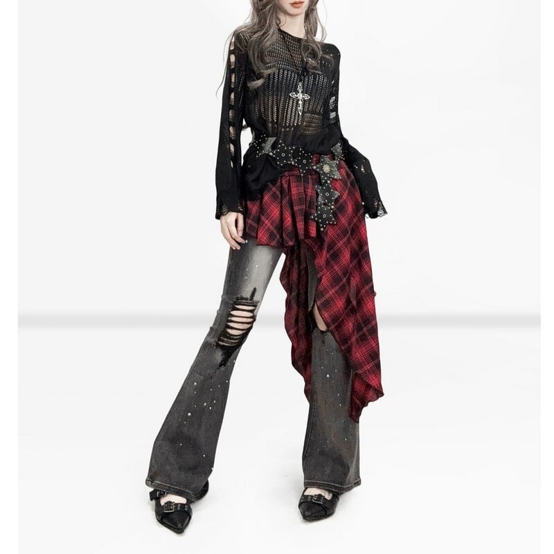 Distressed sheer knit pullover r0057