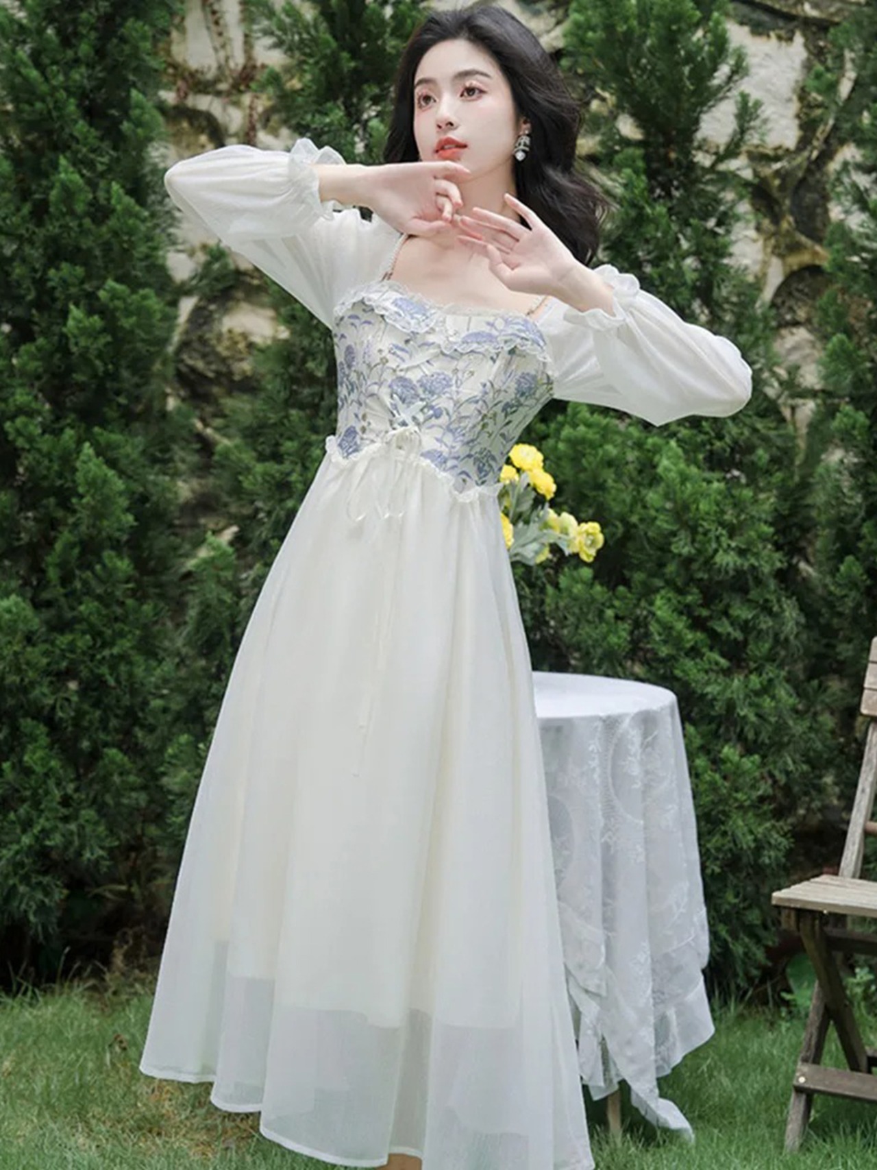 【0090】2way Off Shoulder Chiffon Long Sleeve Dress