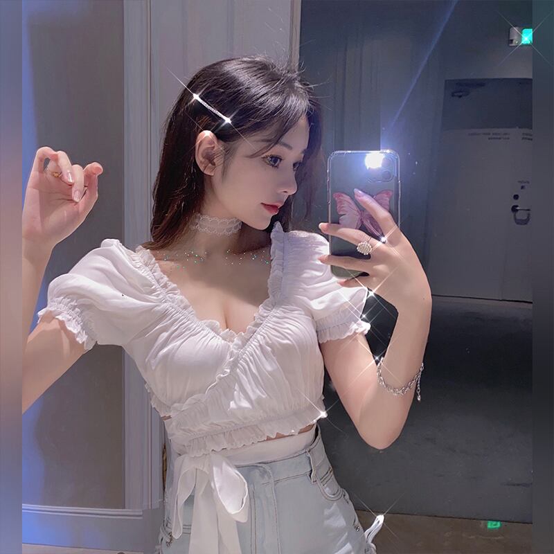 ニッチホワイトウッドイヤーシャツ女性の夏のパフスリーブシャツショート2020新しいトップ ブラックストロベリース73723870794