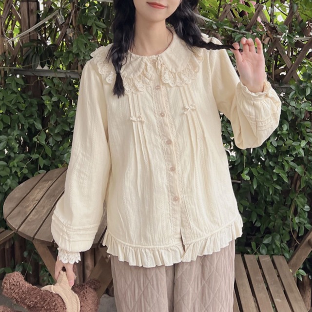 クリームレースドールカラー秋冬コットンブラウス W1567