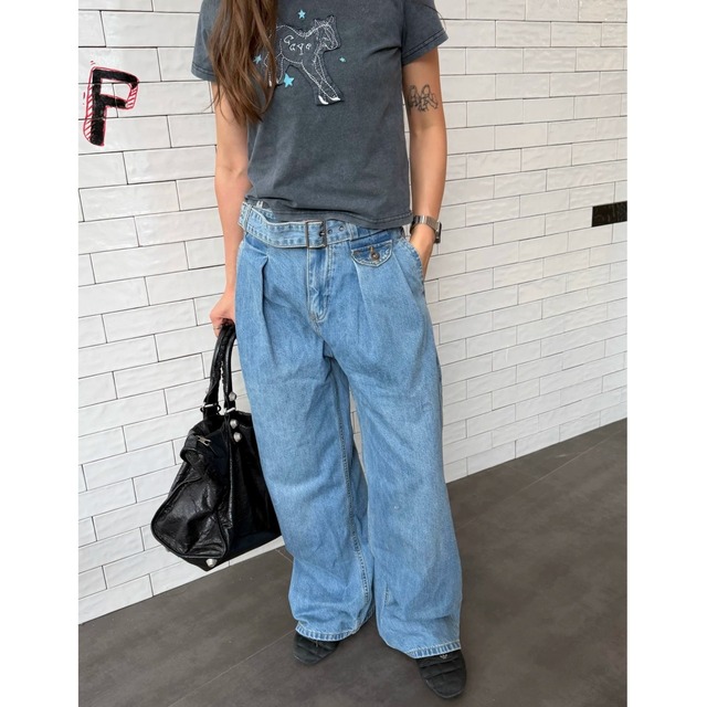 ベルテッドタックフラップポケットワイドデニムパンツ 1col R02448