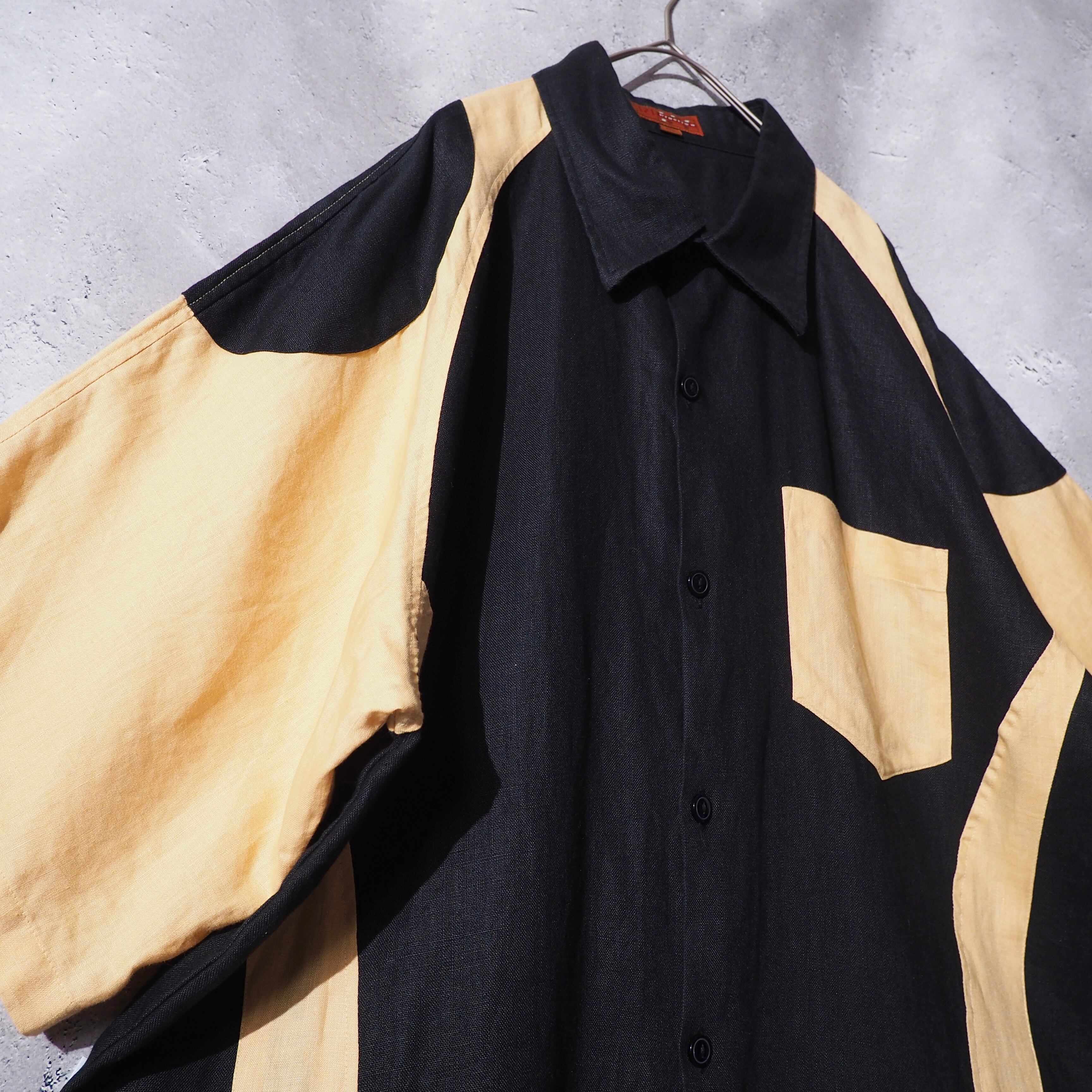 ” 極上 ” Black × Light yellow Bi color Over silhouett SS linen Shirt