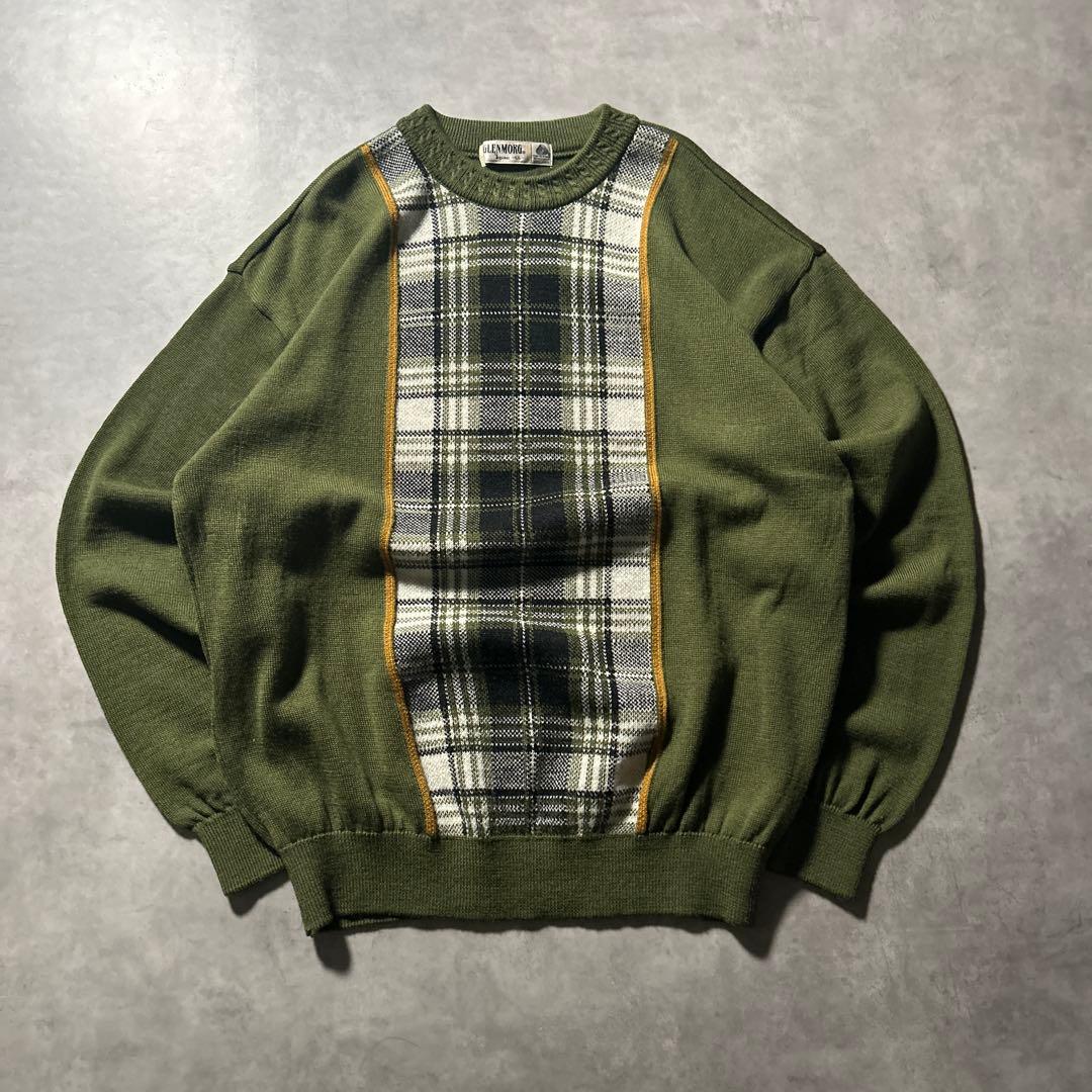ヴィンテージ グリーン 切り替え チェック レトロ パターン ニット セーター