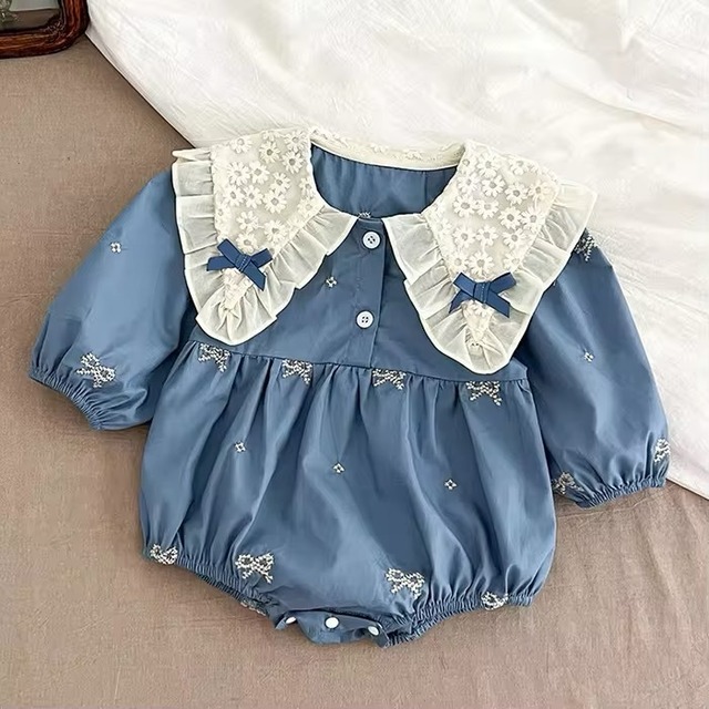 【取寄】流行りのリボンが可愛すぎるフリル襟のリボン長袖ロンパース