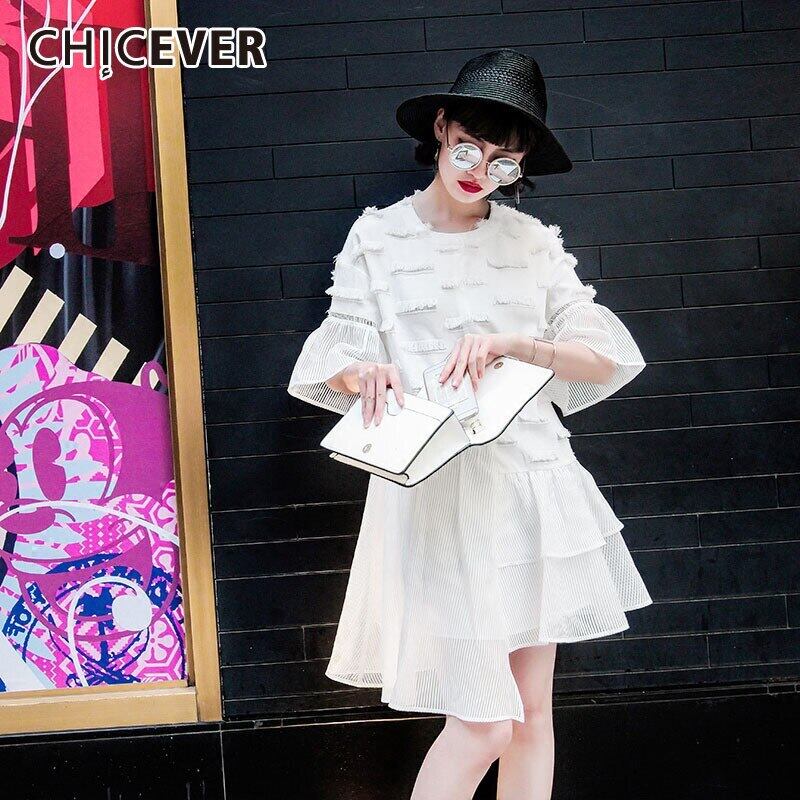 CHICEVERアシンメトリーメッシュTelドレスレディースOネックバタフライスリーブウエストミニルーズドレス2020 6base533651495417