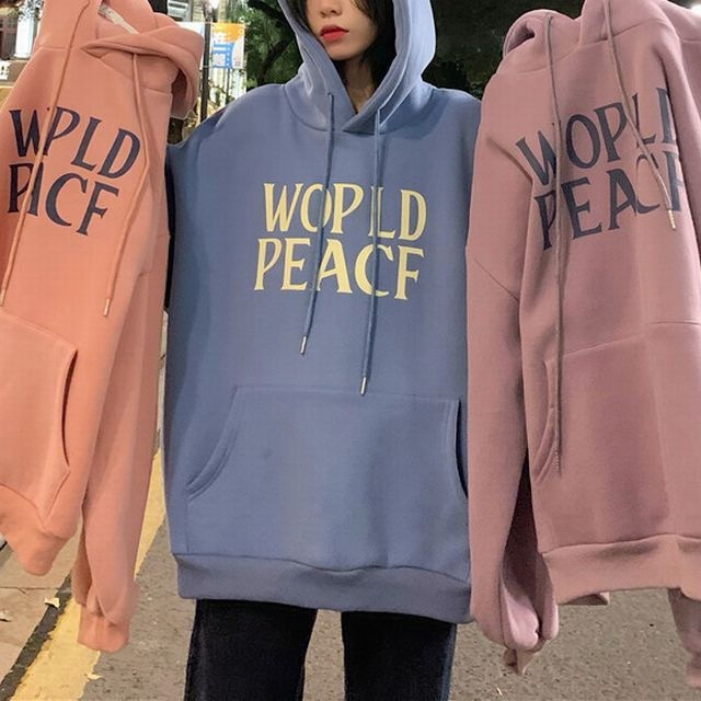 パーカー プラスベルベット WORLDPEACE プルオーバー オーバーサイズ 韓国ファッション レディース トップス 裏起毛 ガーリー カジュアル ストリート系 / Hooded middle length loose plus velvet padded tops (DTC-654398609236)