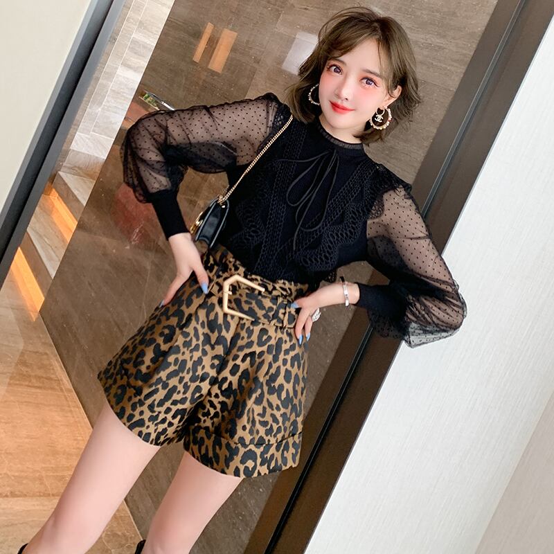 ベルト ウェストハイウェスト薄手Aラインレオパードショーツ オータム 秋物 ハーネス ブルマー MIUCO86958577196