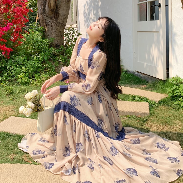 ロングワンピース レディース ロング ワンピース 花柄 スクエアネック